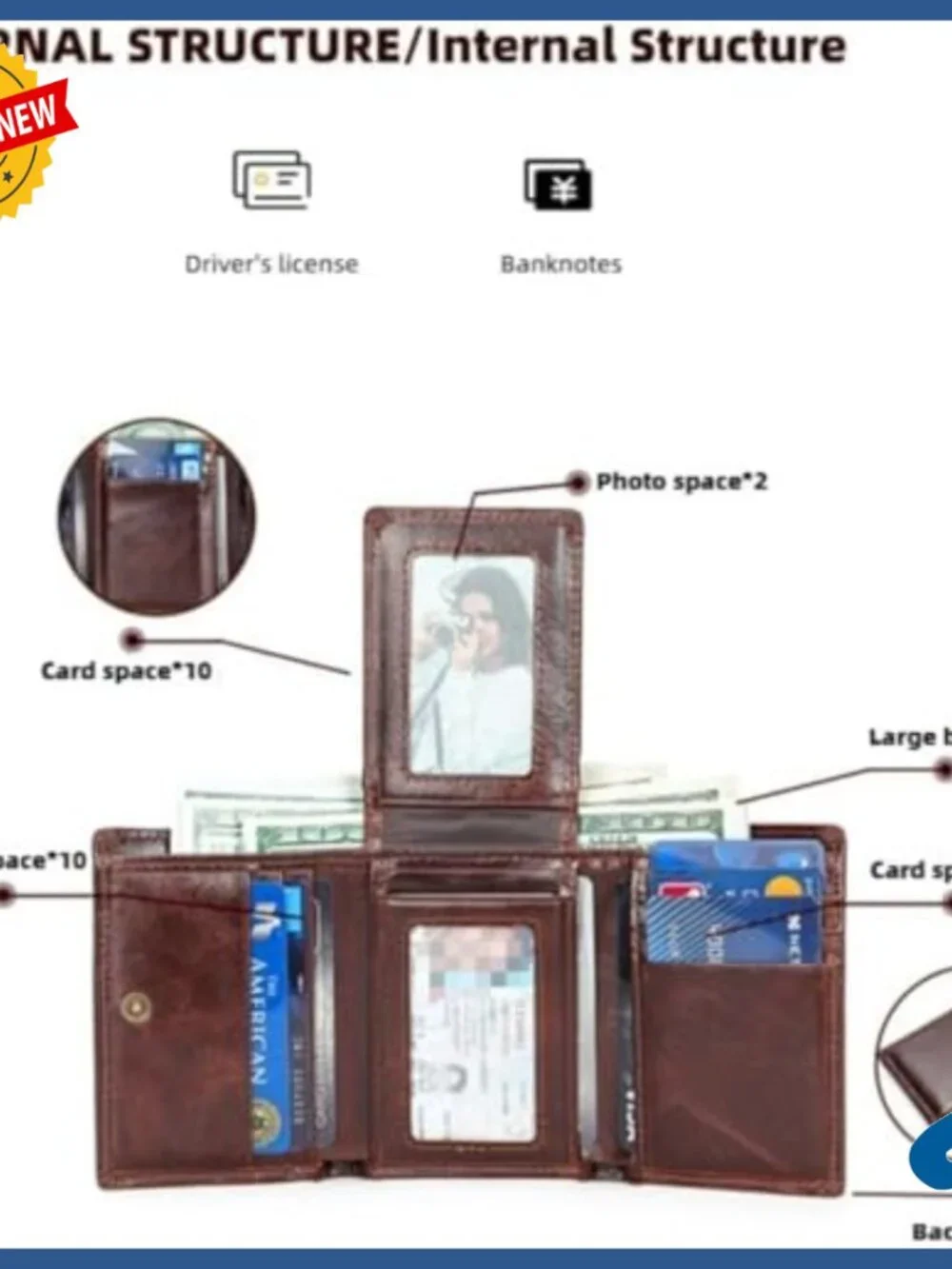Genuine Leather Trifold Wallet RFID Blocking Slim Large Capacity Men's